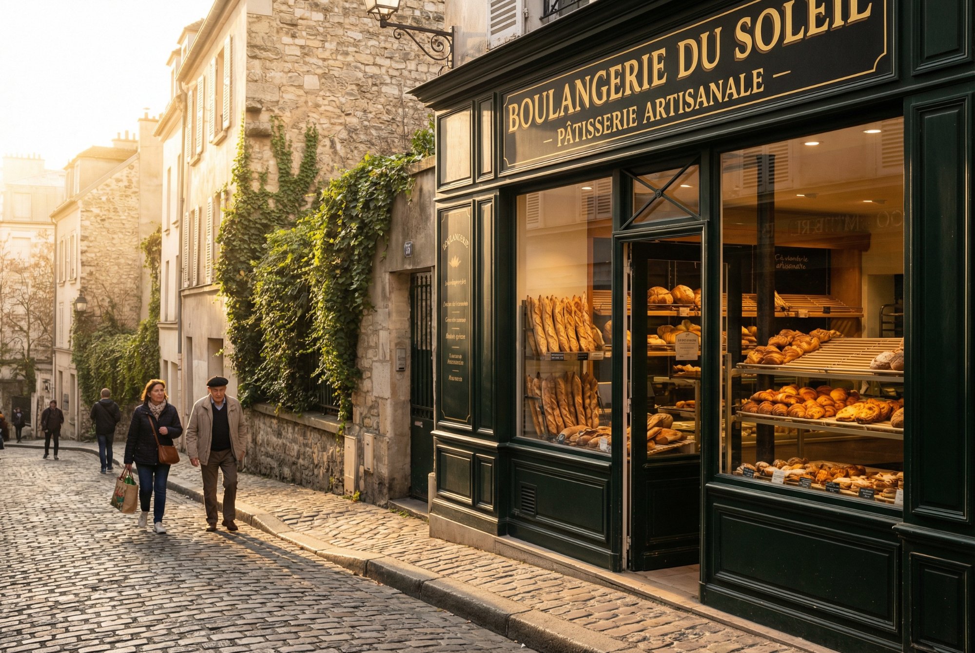 Couple walking past a golden-lit artisan boulangerie on a cobbled Montmartre street