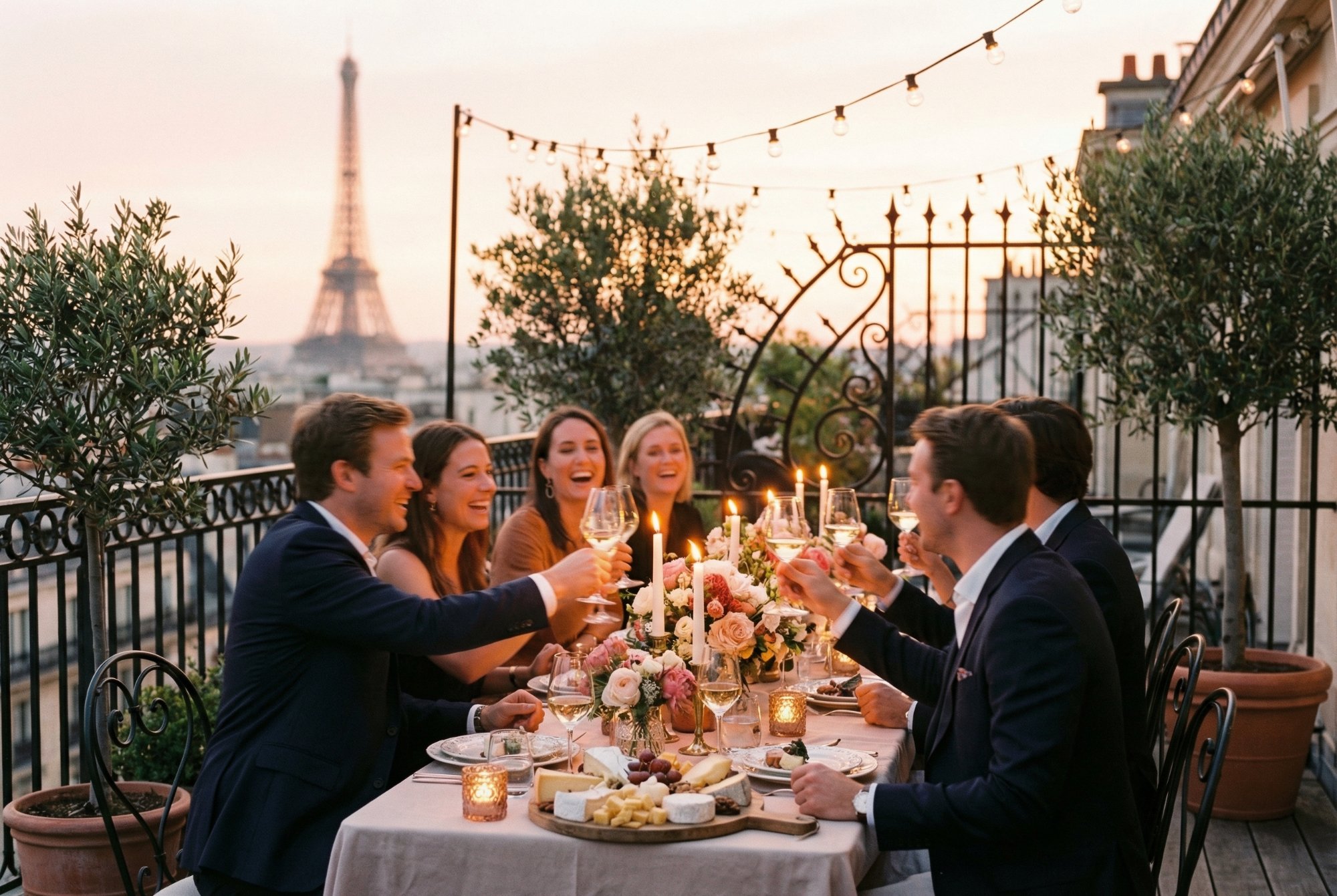 Elegant group toasting with wine glasses on a Paris rooftop with the Eiffel Tower at sunset
