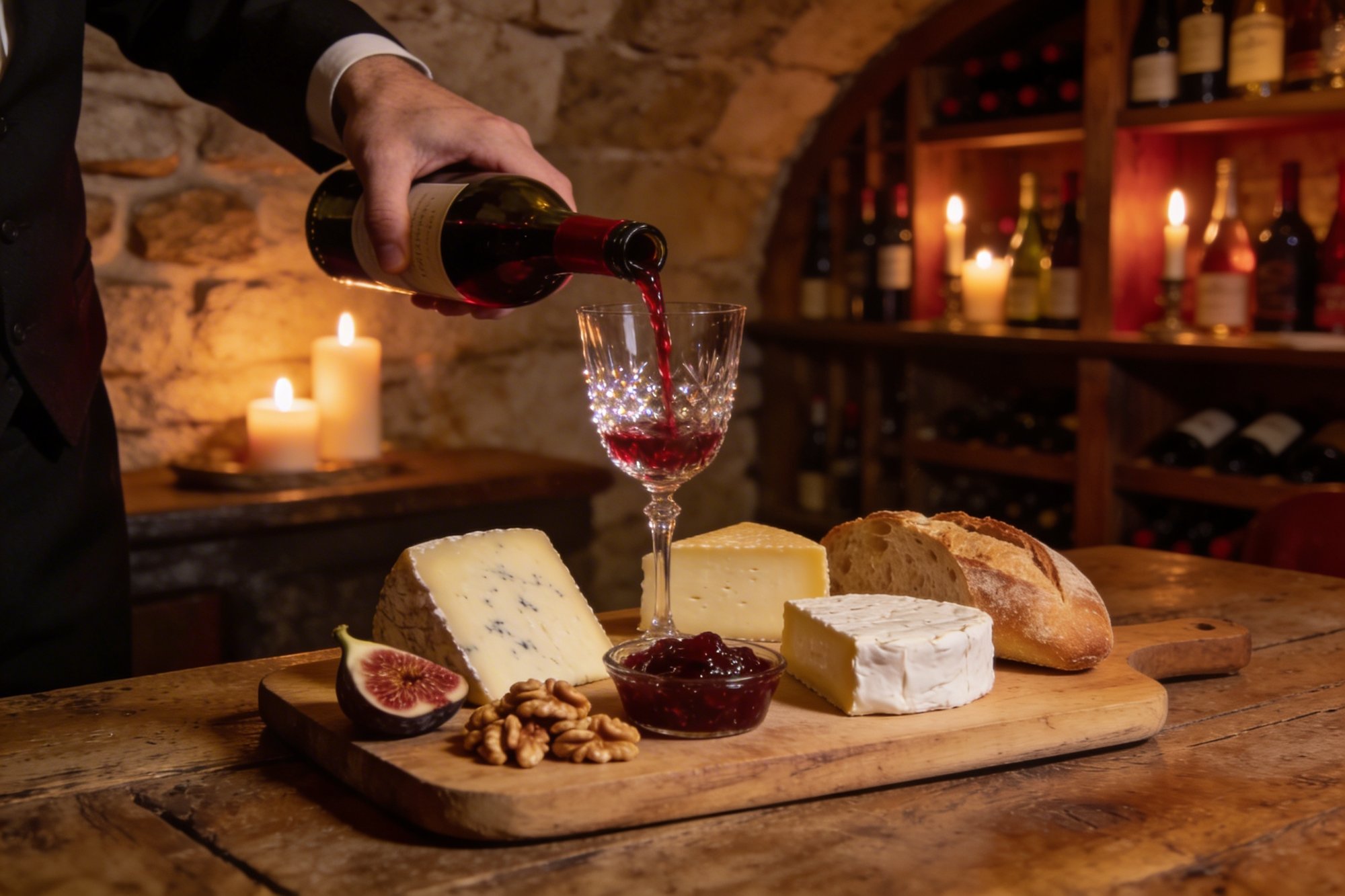 Red wine being poured in a candlelit stone wine cellar with a cheese board