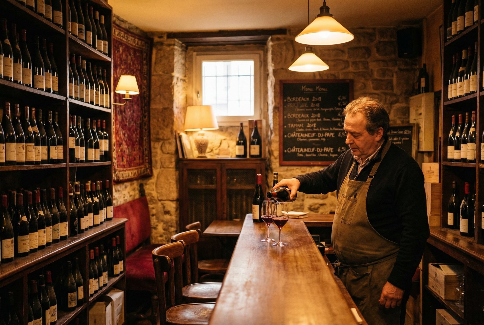 Wine shop owner pouring red wine in a warm stone cellar lined with bottles