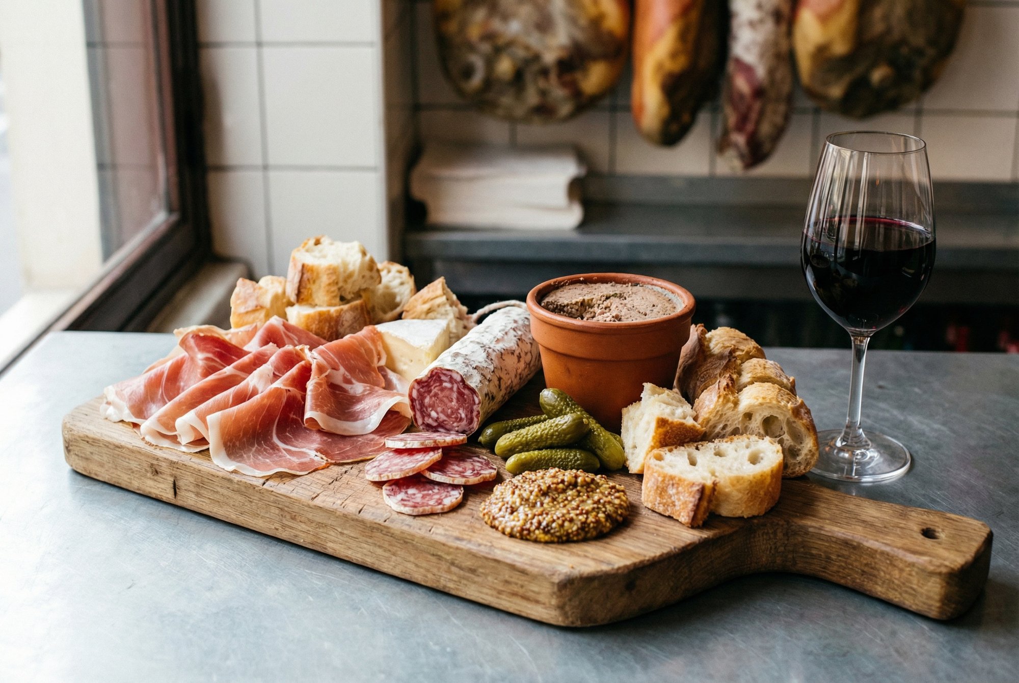 Artisan charcuterie board with jambon, saucisson and rillettes