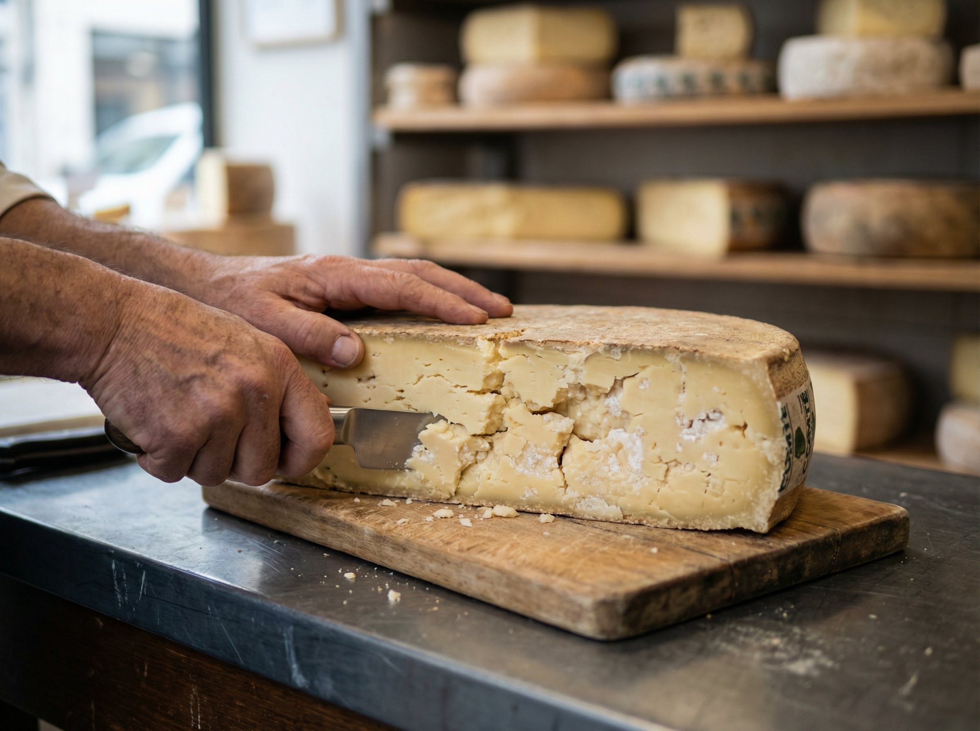 Fromagerie artisan cutting a large aged cheese wheel on a wooden board in a cheese shop
