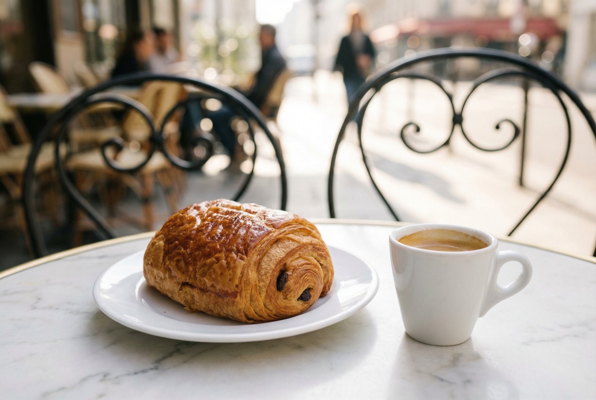 Pain au chocolat and espresso on a marble café table, Parisian street in background