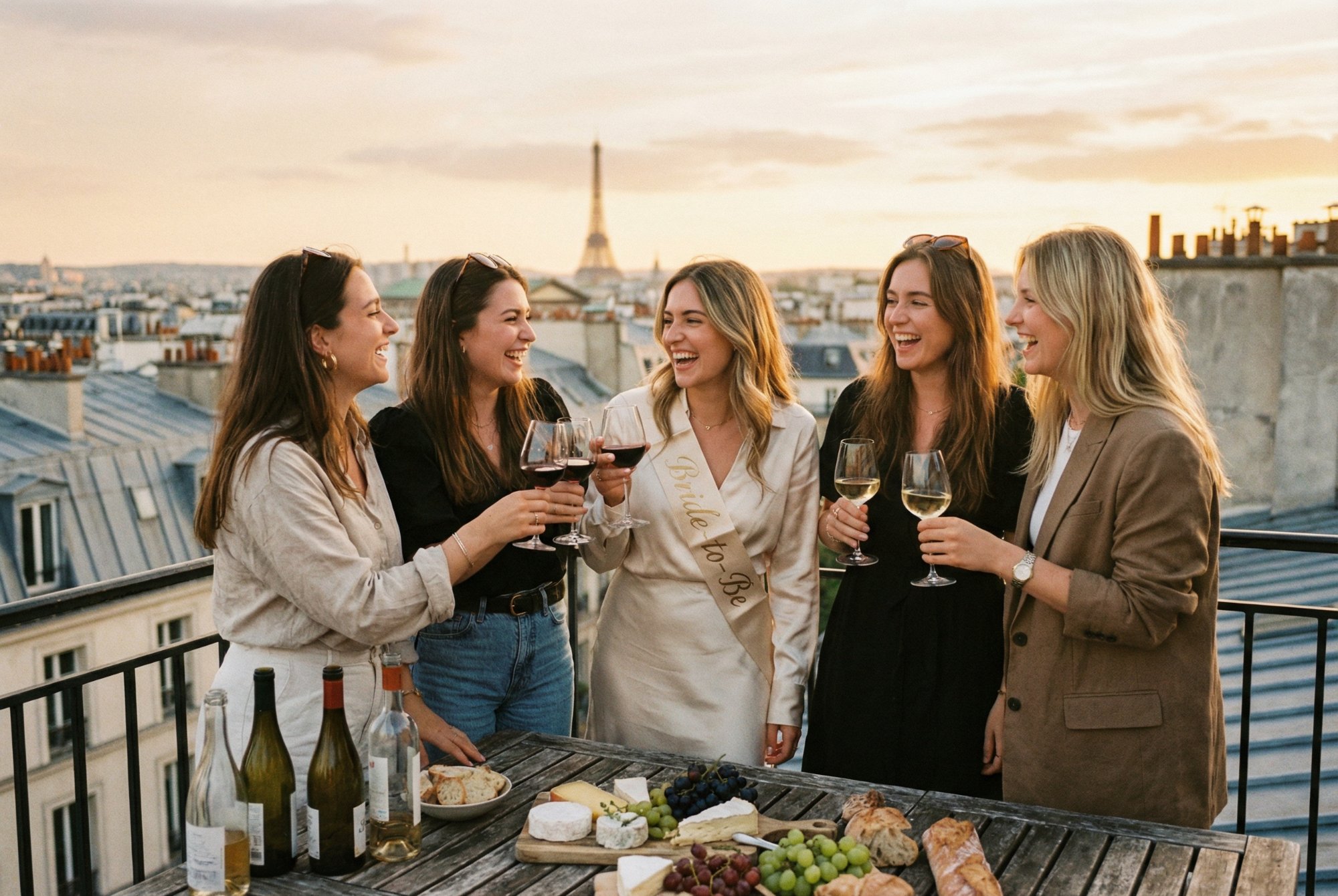 Group of women celebrating on a Paris rooftop with wine, Eiffel Tower at sunset