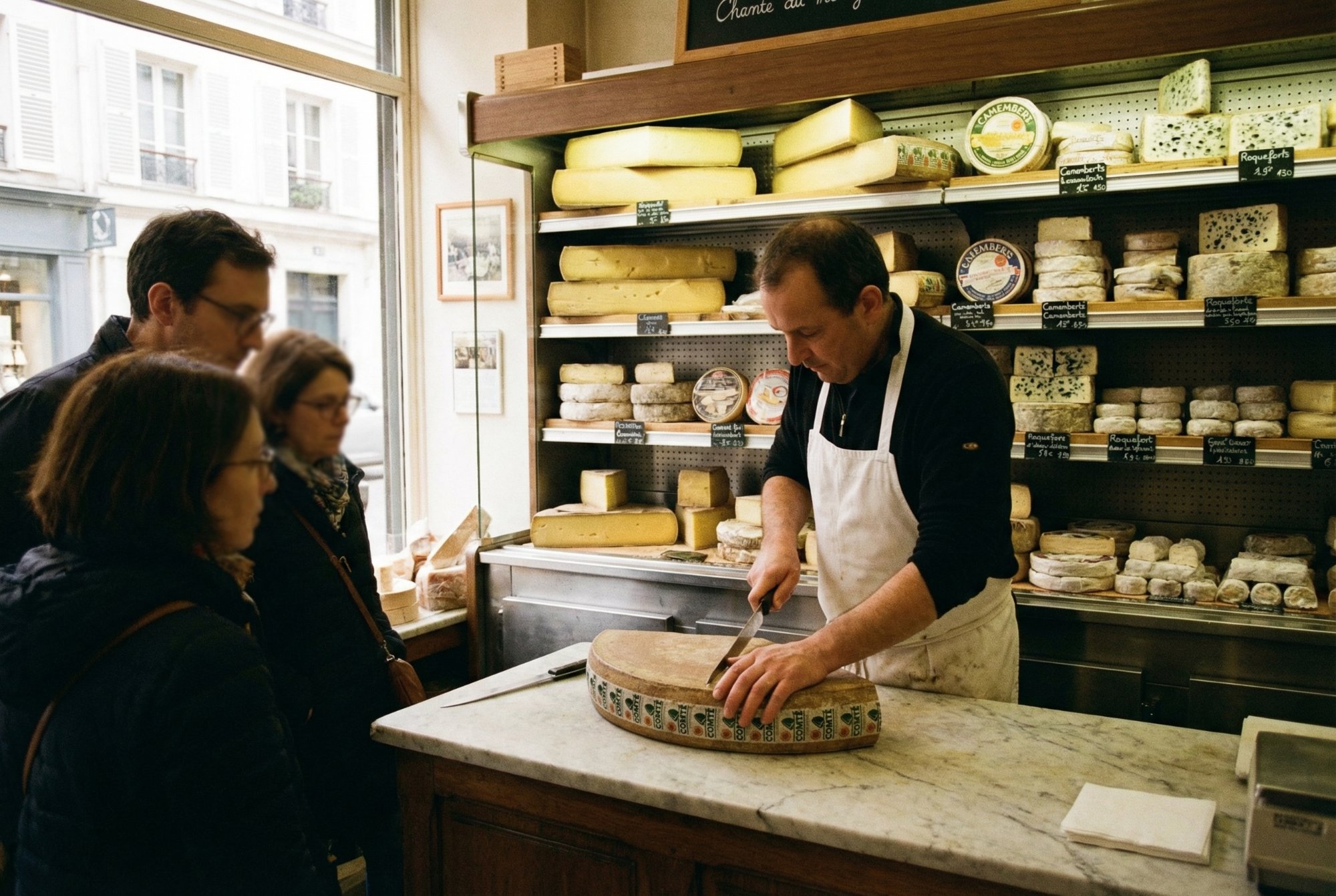 Fromagerie demo with customers watching