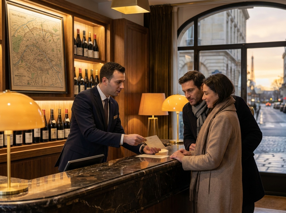 Hotel concierge handing a tasting itinerary card to two guests at a marble counter, wine bottles and a Montmartre map behind