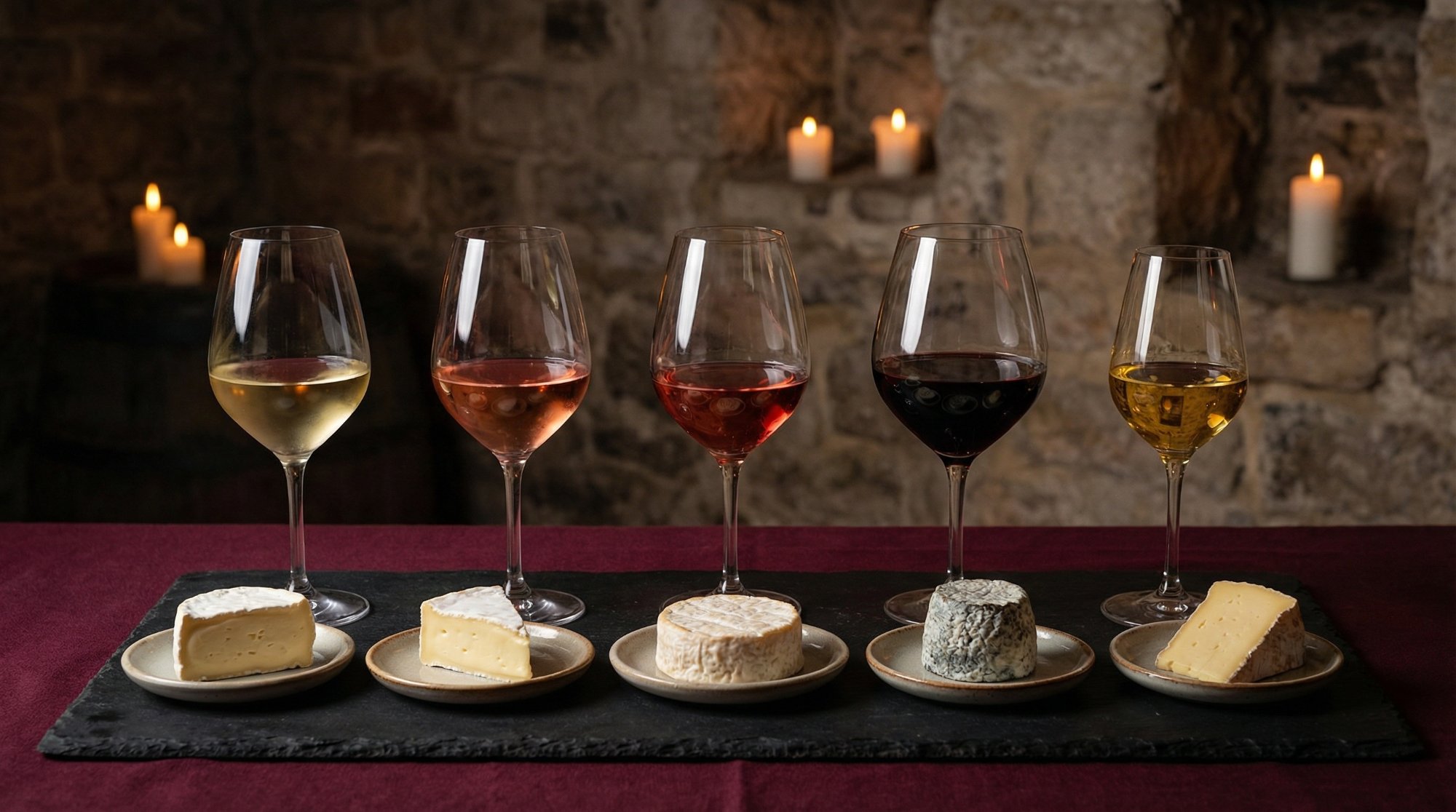 Five wine glasses lined up with a different cheese pairing in front of each, stone cellar background with candles