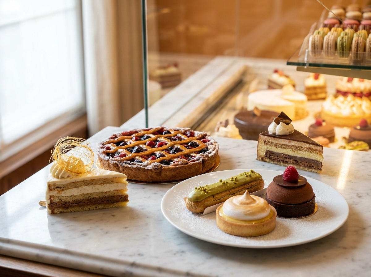Seasonal cakes and pastries displayed at La Meringaie, tarte, chocolate gâteau, lemon meringue and macarons