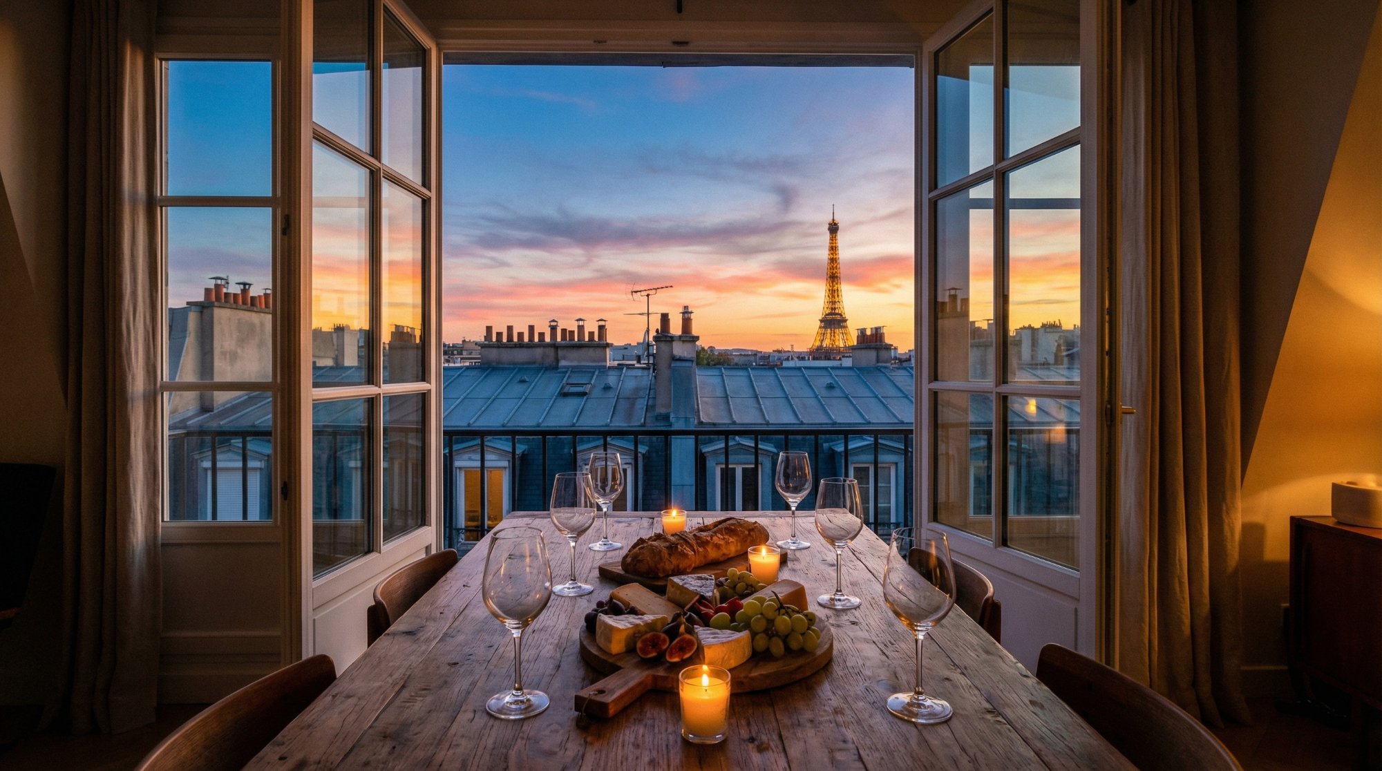 Private dinner table set with wine and cheese, Eiffel Tower at sunset through open French windows