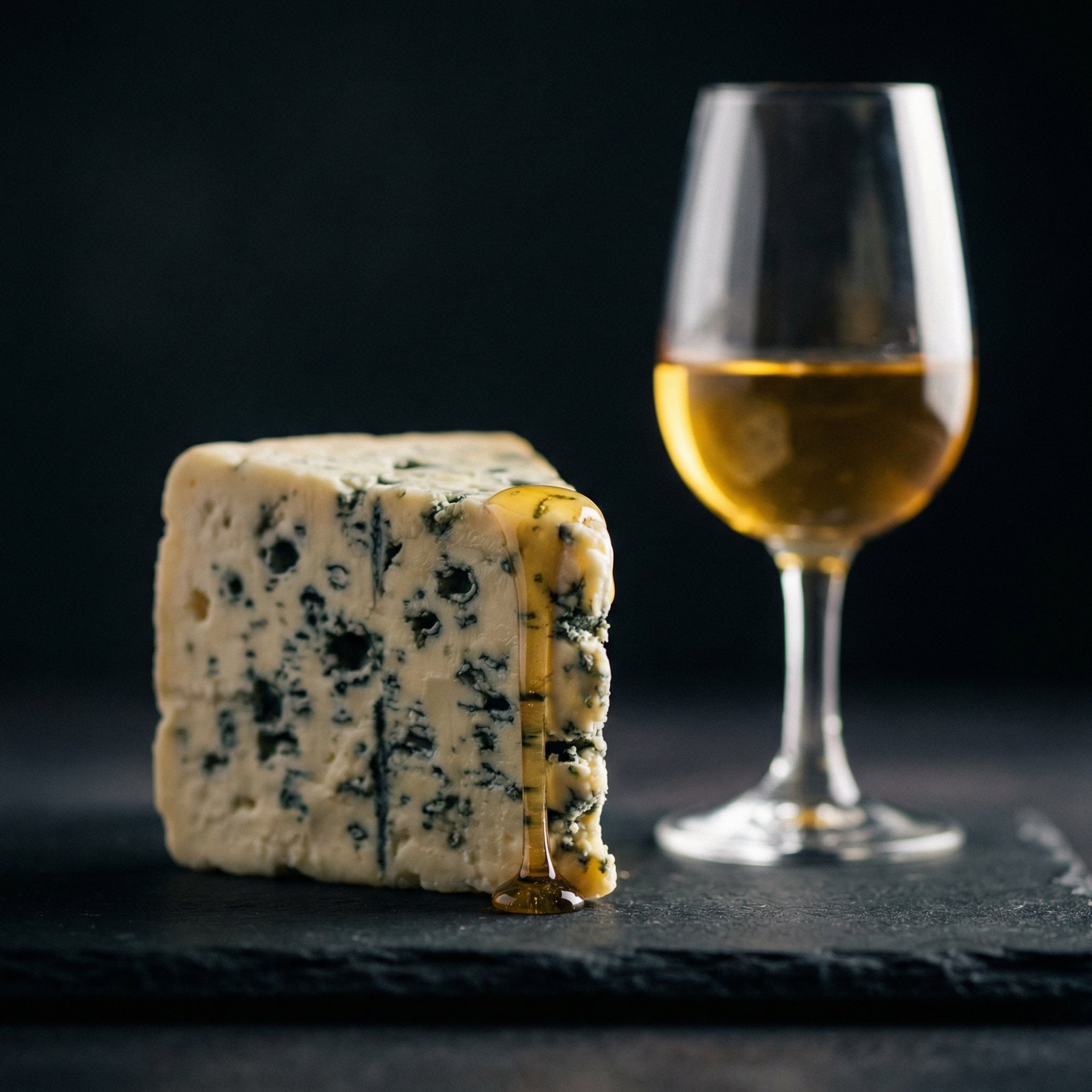 Roquefort cheese with honey drizzle next to a glass of golden Sauternes on a dark slate board