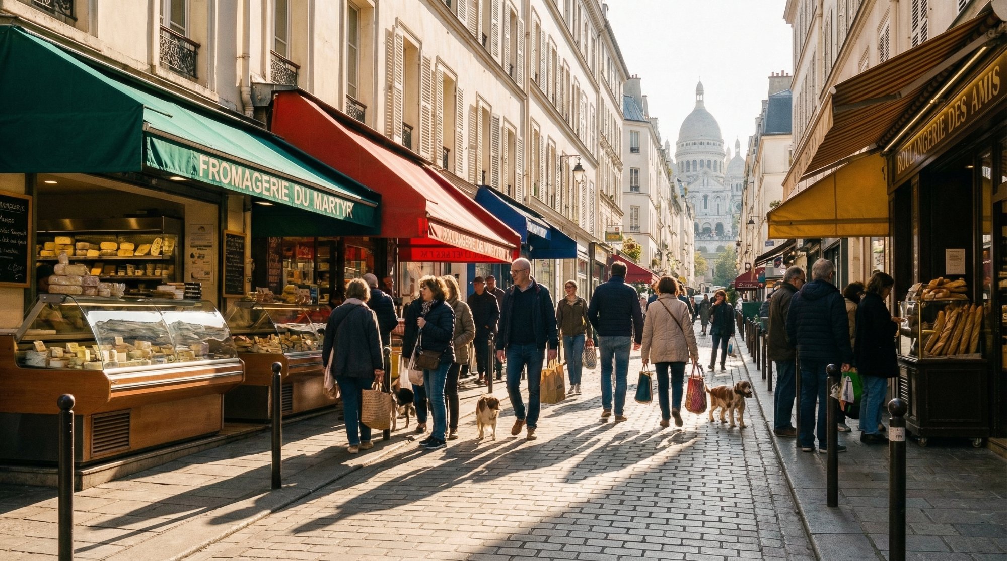 Busy Rue des Martyrs on a Saturday morning with fromagerie, boulangerie, shoppers and Sacré-Cœur visible at the end of the street