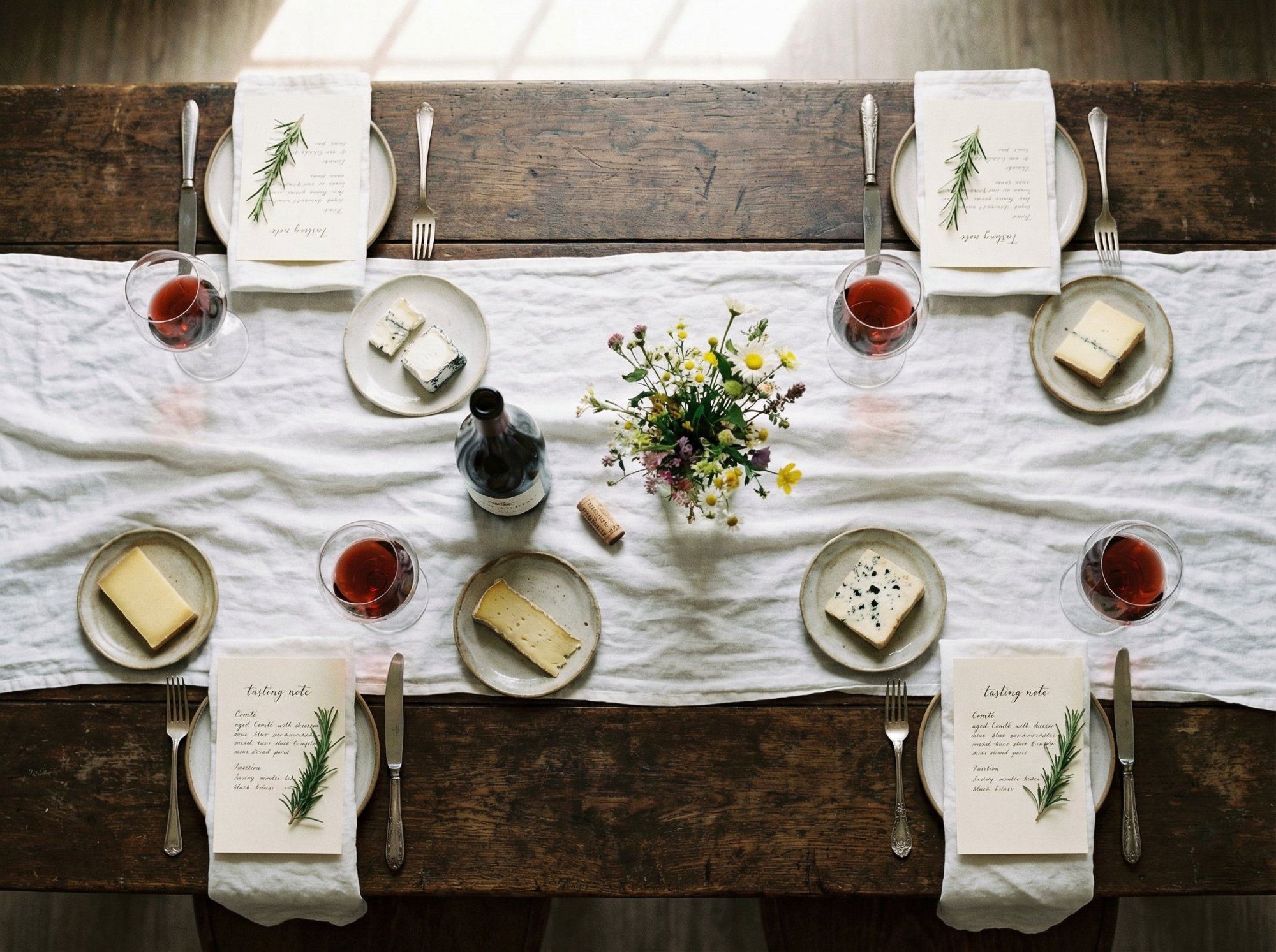 Tasting table set from above with handwritten notes, wine and cheese