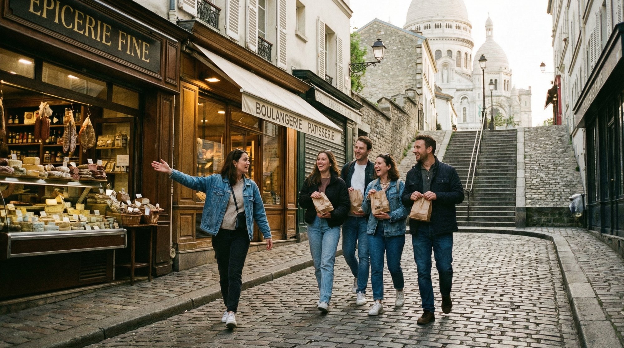 Guide leading a small group through Montmartre cobbled streets past an épicerie fine, Sacré-Cœur visible above