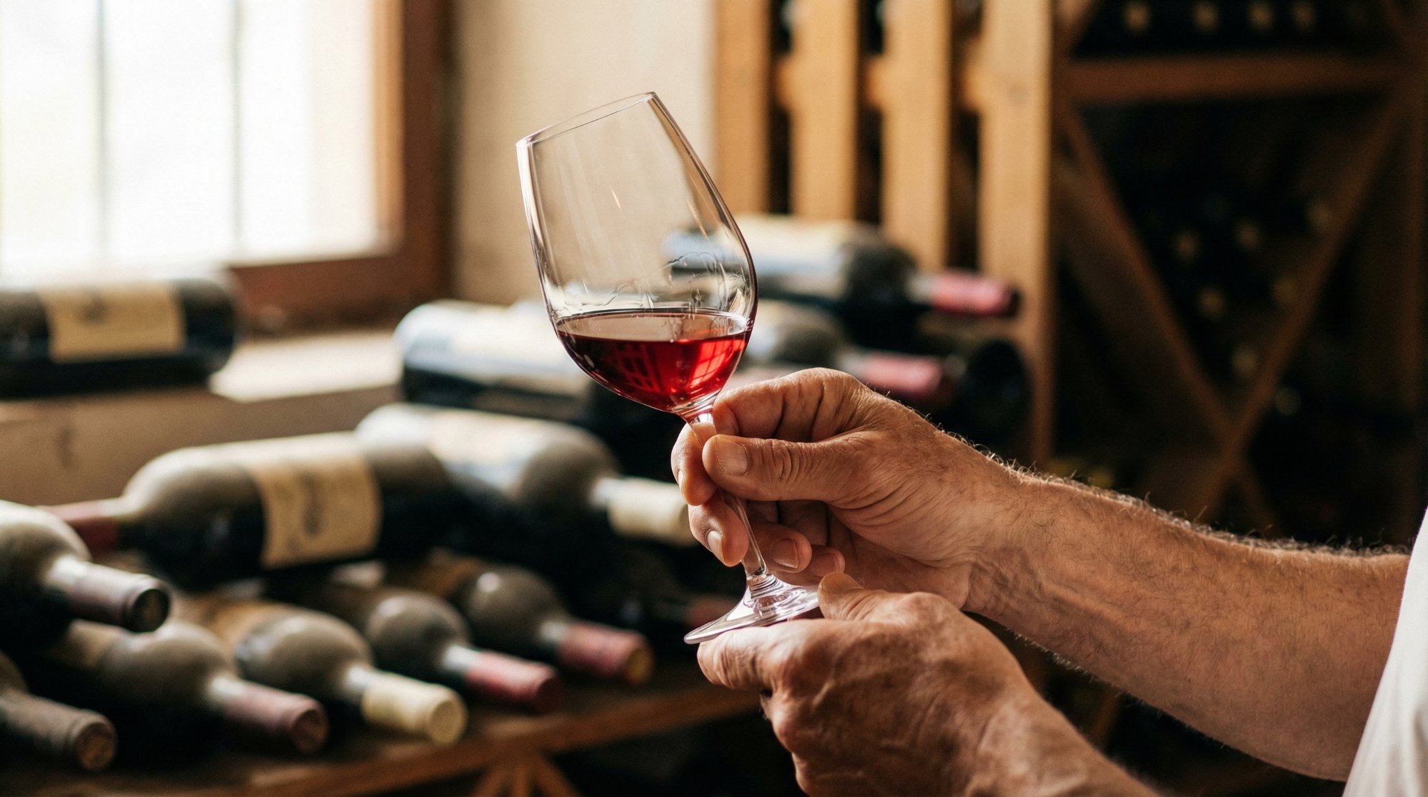 Expert hands holding a red wine glass up to the light in a wine cellar